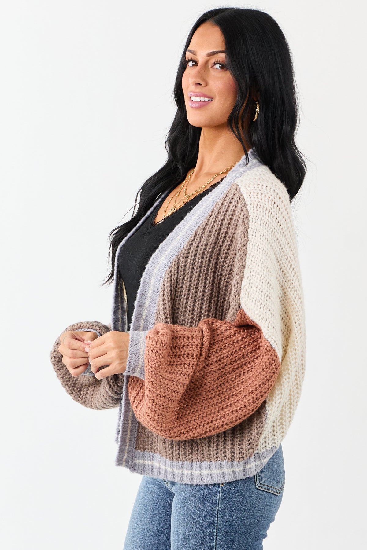 Cream and Coffee Colorblock Puff Sleeve Cardigan
