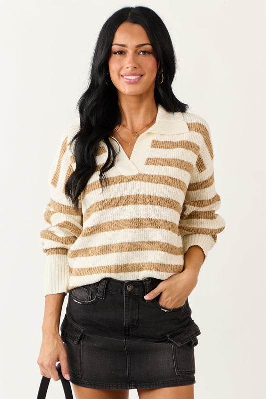 Cream and Sand Striped Collared Sweater