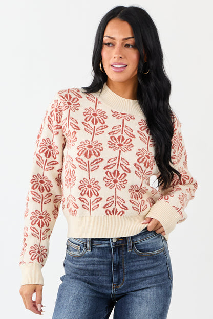 Cream and Tawny Floral Mock Neck Knit Sweater