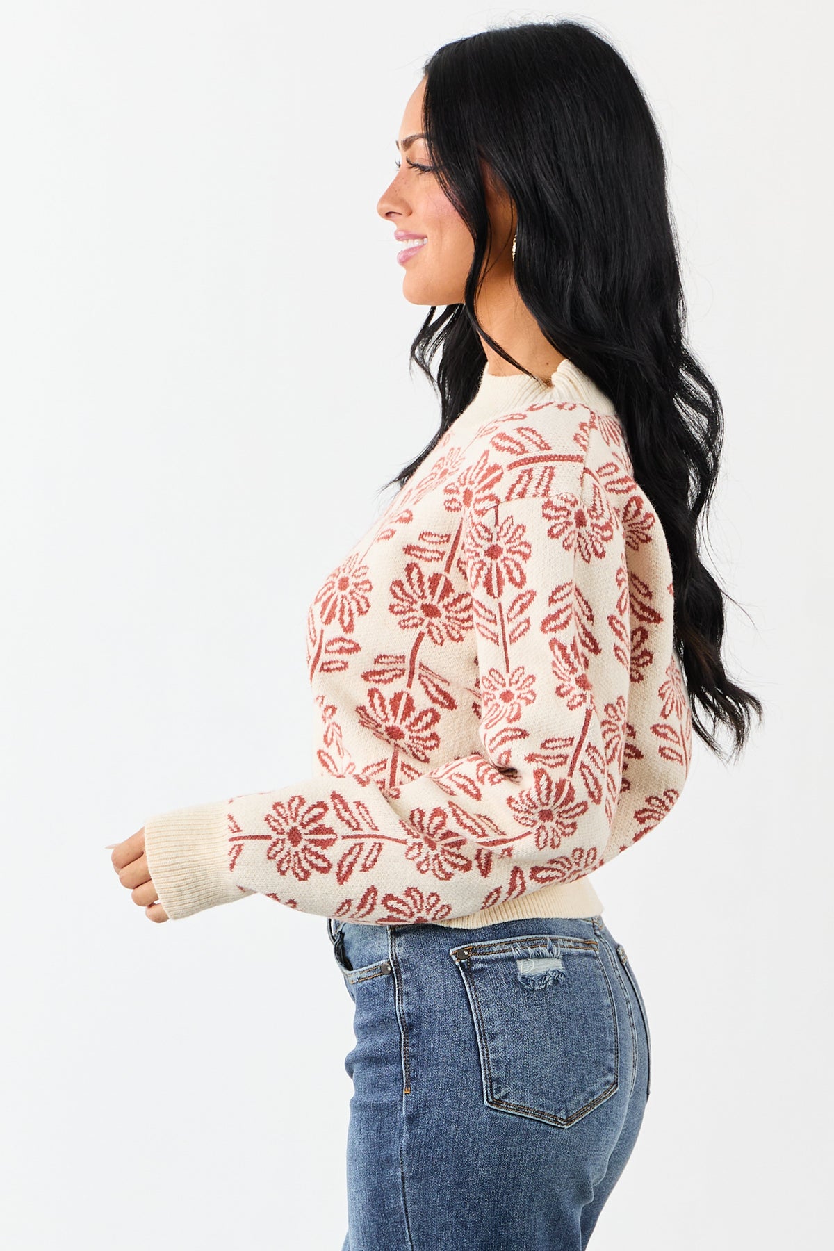 Cream and Tawny Floral Mock Neck Knit Sweater