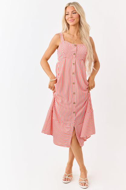 Crimson and Cream Striped Button Detail Midi Dress