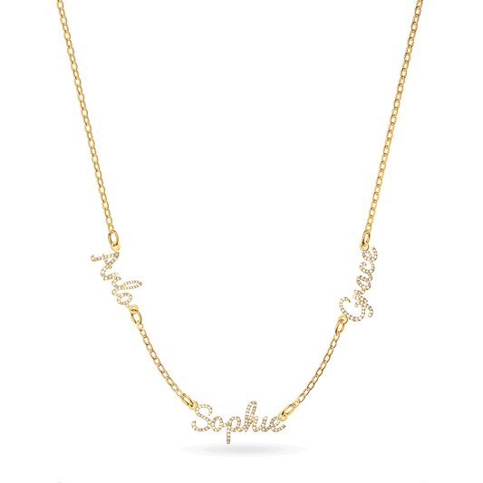 Multi Crystal Cursive Name Necklace (Gold)
