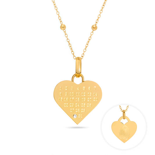 Custom Calendar & Fingerprint Heart Necklace (Gold)