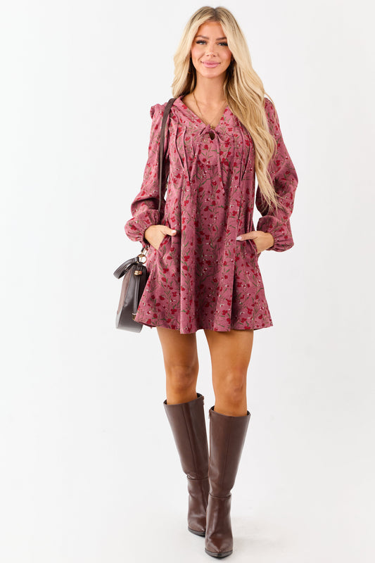Dark Mauve Floral Corduroy Long Sleeve Mini Dress