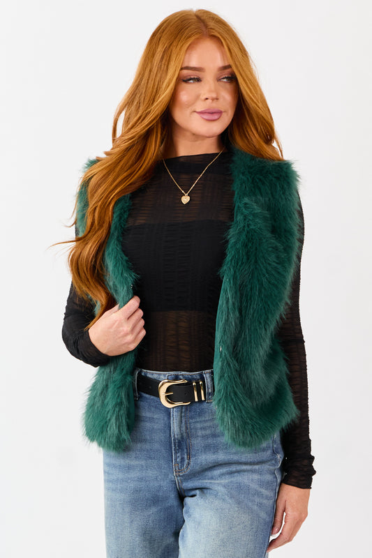 Dark Pine Faux Fur Hook and Eye Closure Vest