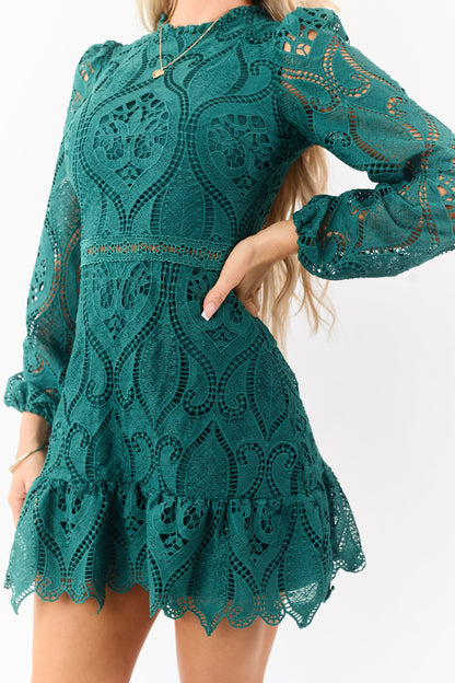Dark Pine Long Puff Sleeve Lace Mini Dress
