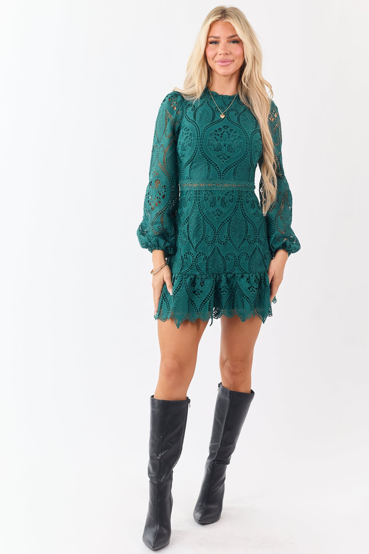 Dark Pine Long Puff Sleeve Lace Mini Dress