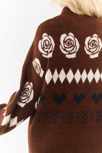 Dark Sepia Multi Print Mock Neck Mini Sweater Dress