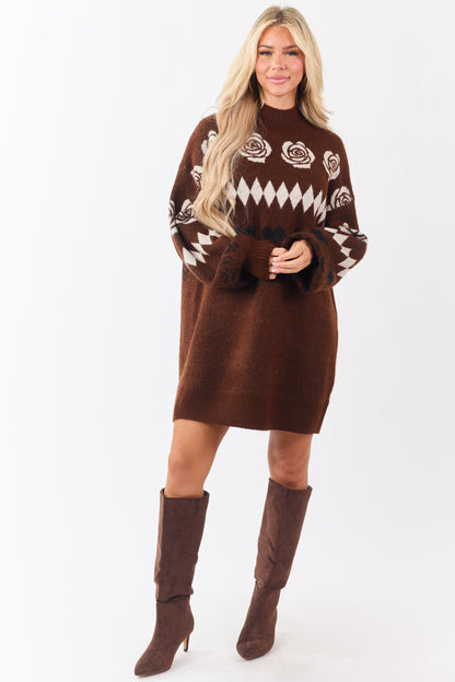 Dark Sepia Multi Print Mock Neck Mini Sweater Dress
