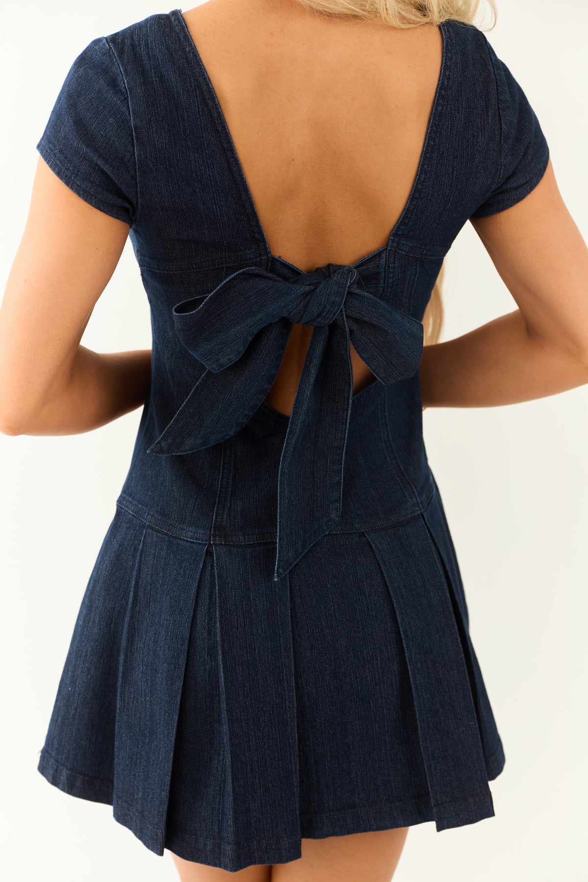 Dark Wash Open Back Cap Sleeve Mini Dress