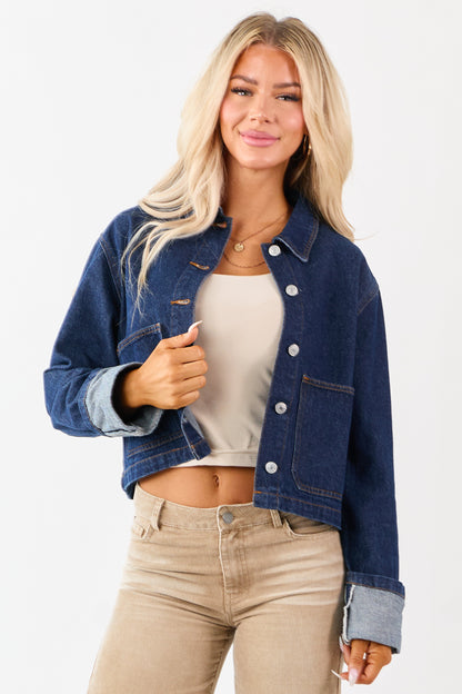 Dark Wash Slightly Cropped Denim Jacket