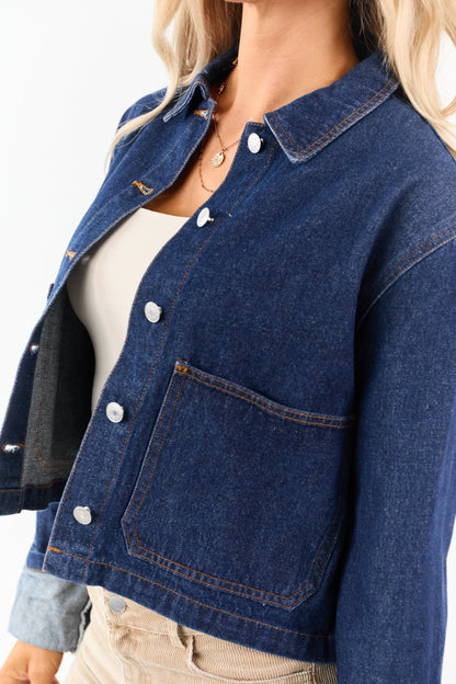 Dark Wash Slightly Cropped Denim Jacket