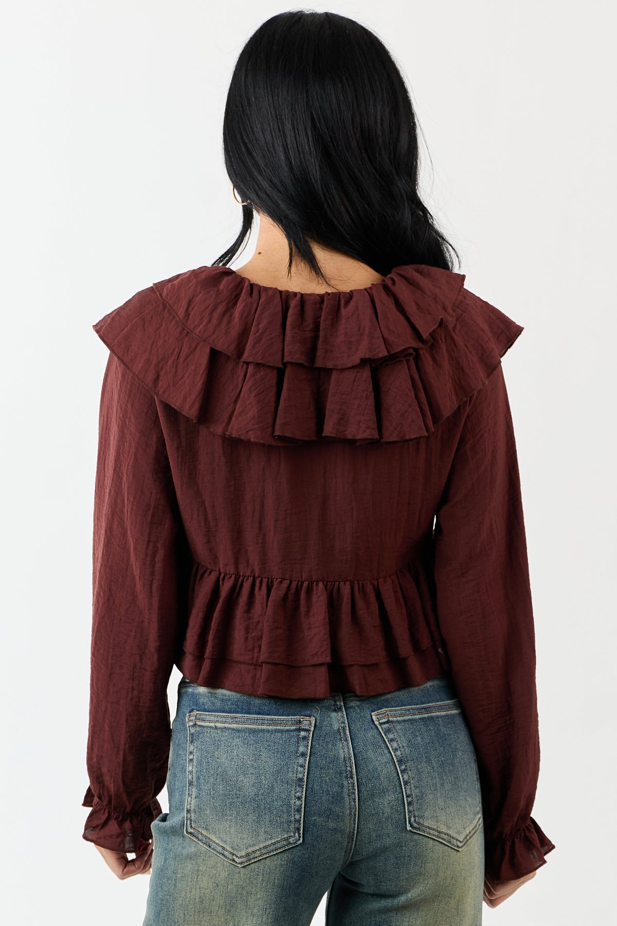 Deep Sienna Front Tie Ruffled Long Sleeve Top
