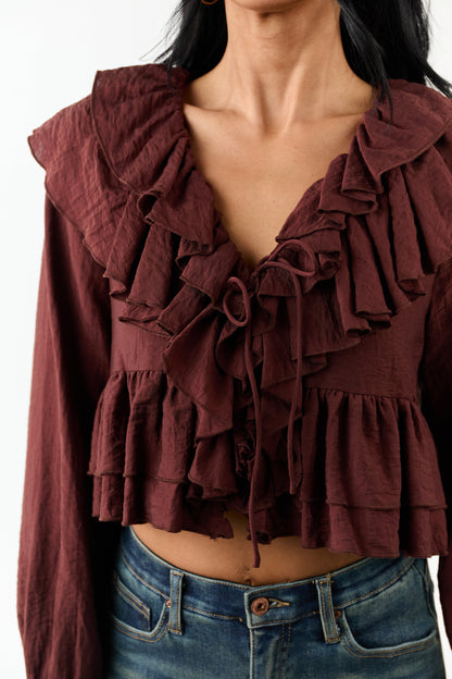 Deep Sienna Front Tie Ruffled Long Sleeve Top