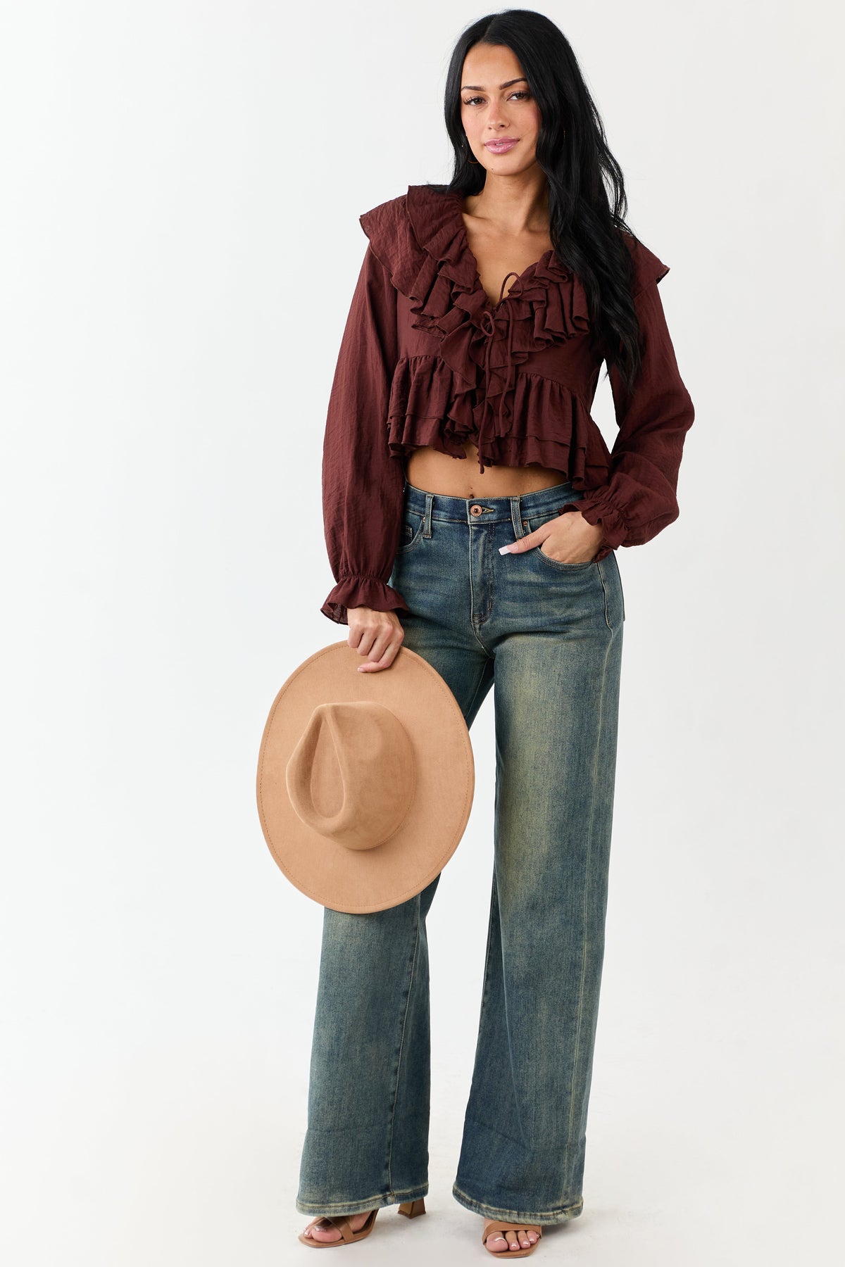 Deep Sienna Front Tie Ruffled Long Sleeve Top
