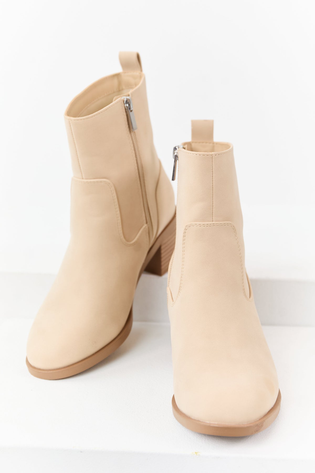 Desert Sand Faux Leather Zip Up Ankle Booties