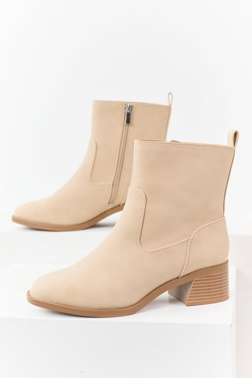 Desert Sand Faux Leather Zip Up Ankle Booties