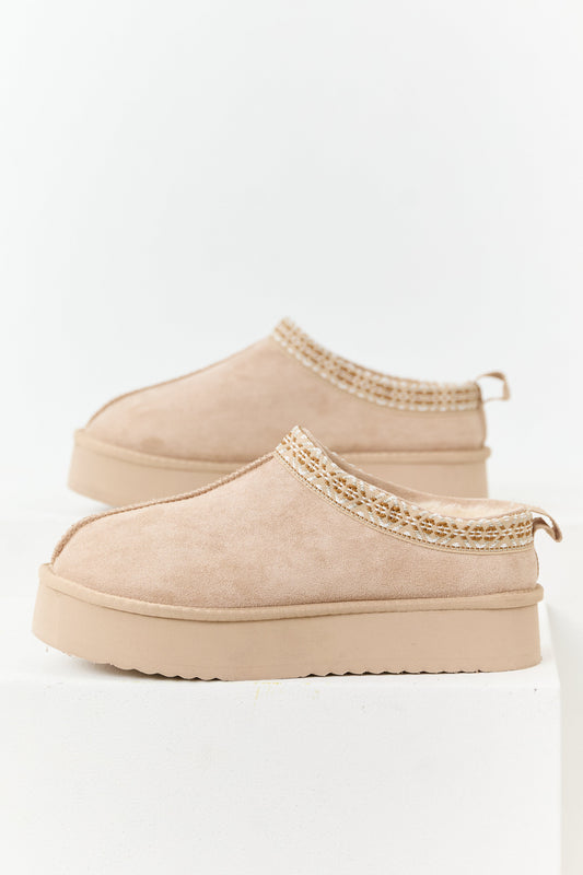 Desert Sand Faux Suede Fur Lined Platform Slippers