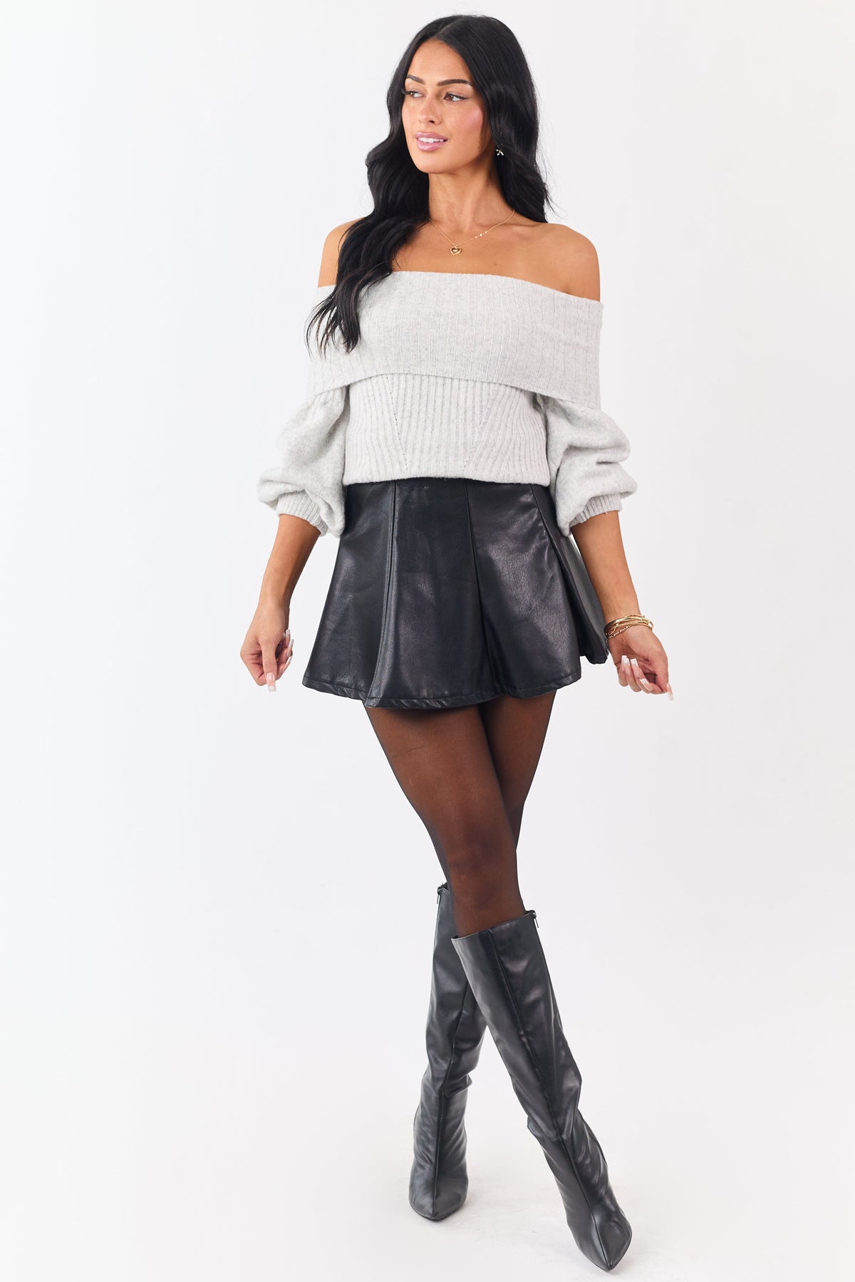 Dove Grey Off Shoulder Long Puff Sleeve Sweater