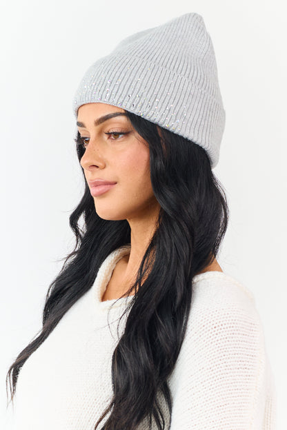 Dove Grey Ribbed Knit Rhinestone Beanie