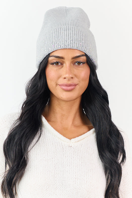 Dove Grey Ribbed Knit Rhinestone Beanie