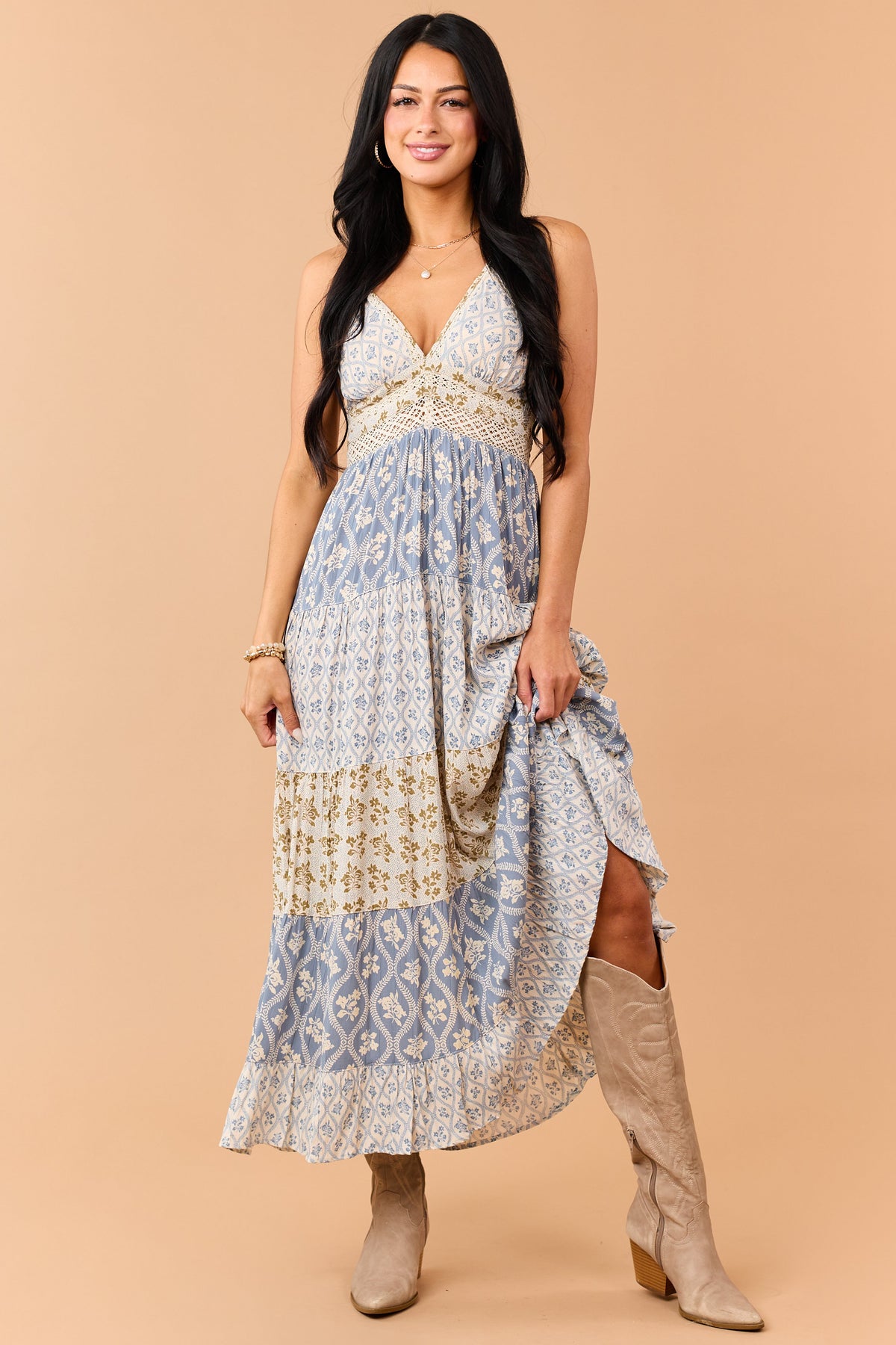 Dusty Blue Tiered Floral Print Lace Waist Maxi Dress