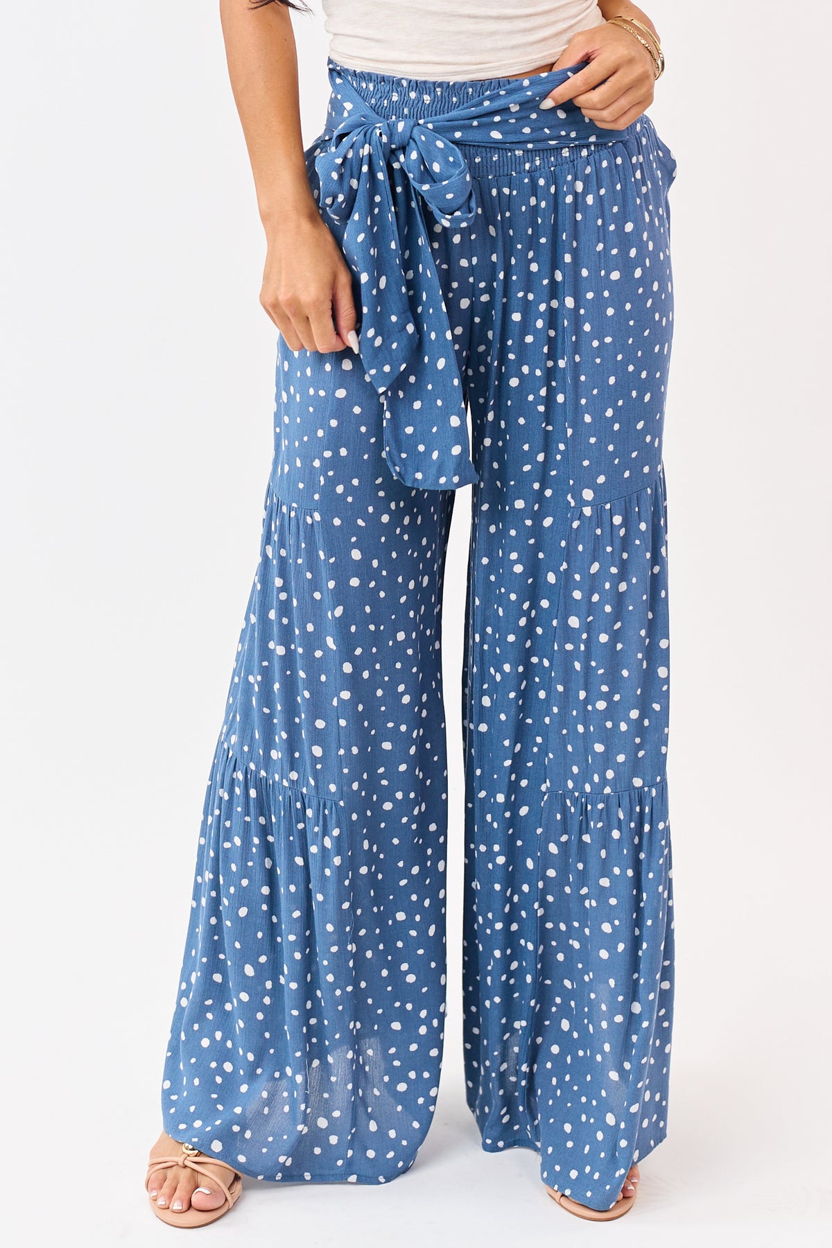 Dusty Blue and Ivory Spotted Palazzo Wide Leg Pants