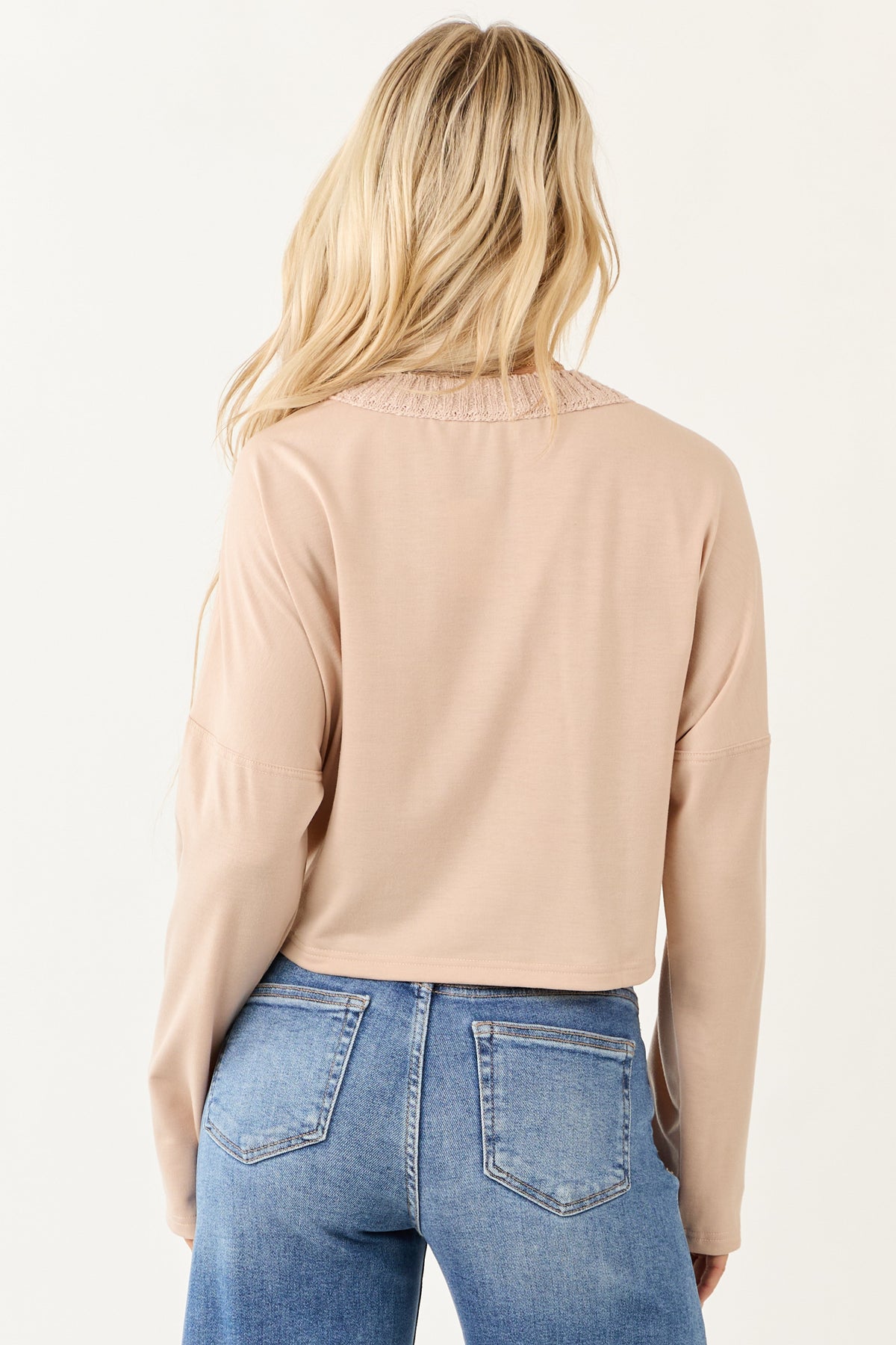 Dusty Blush Contrast Sleeve French Terry Knit Sweater