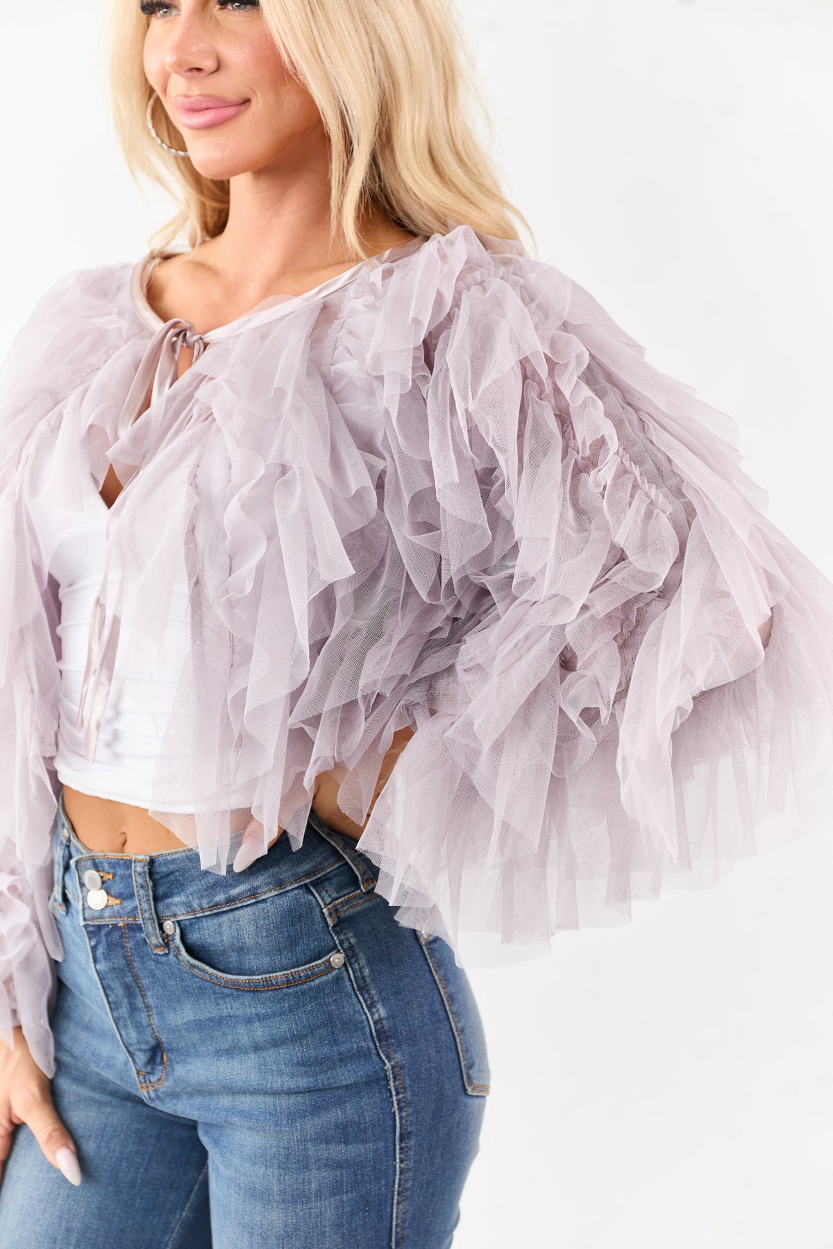 Dusty Lavender Tulle Ruffle Cropped Cardigan