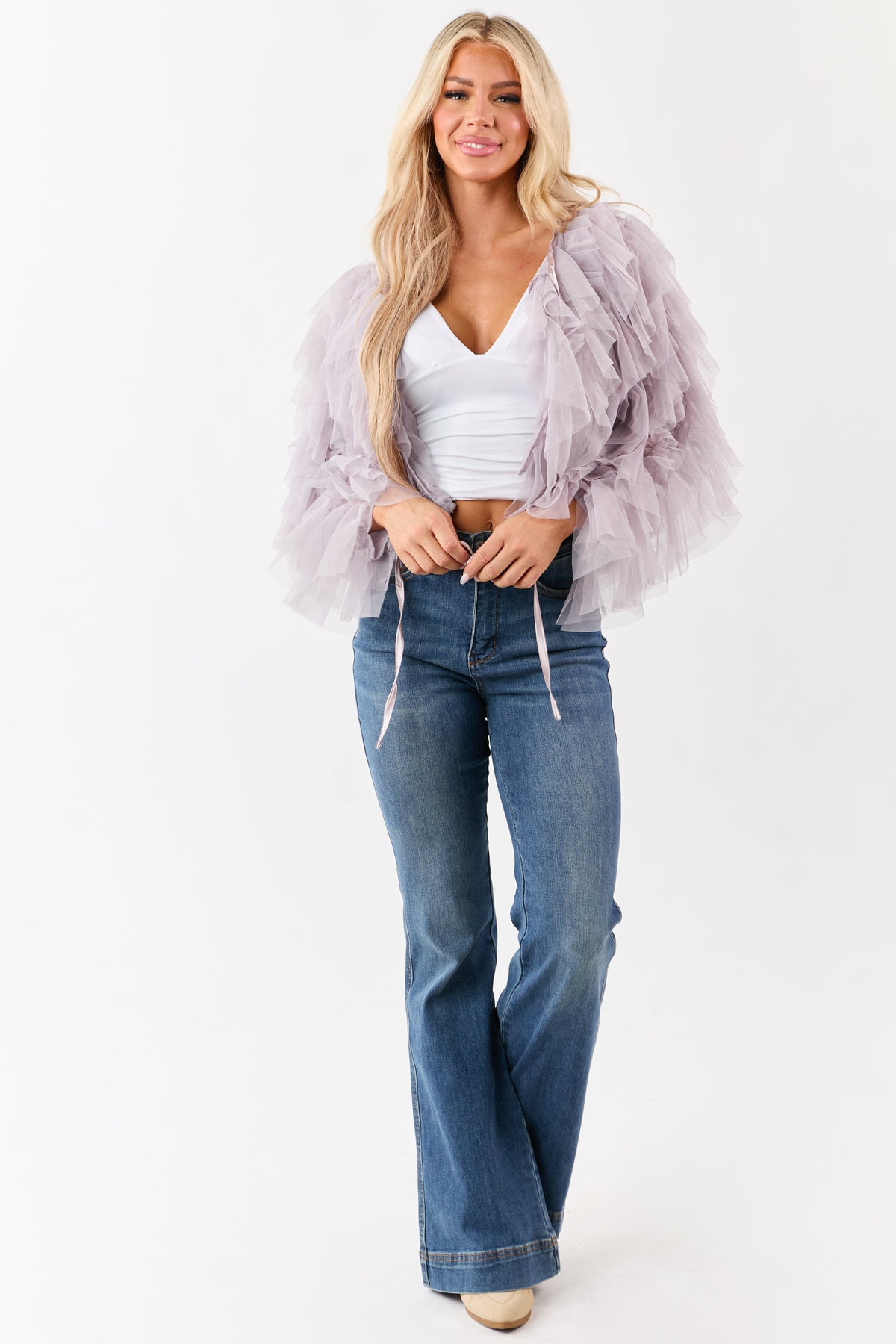 Dusty Lavender Tulle Ruffle Cropped Cardigan