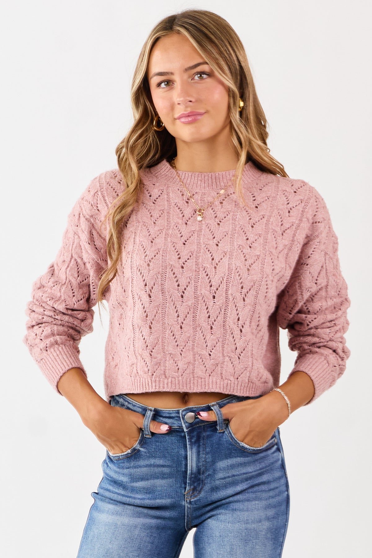 Dusty Rose Cable Knit Boxy Pointelle Sweater