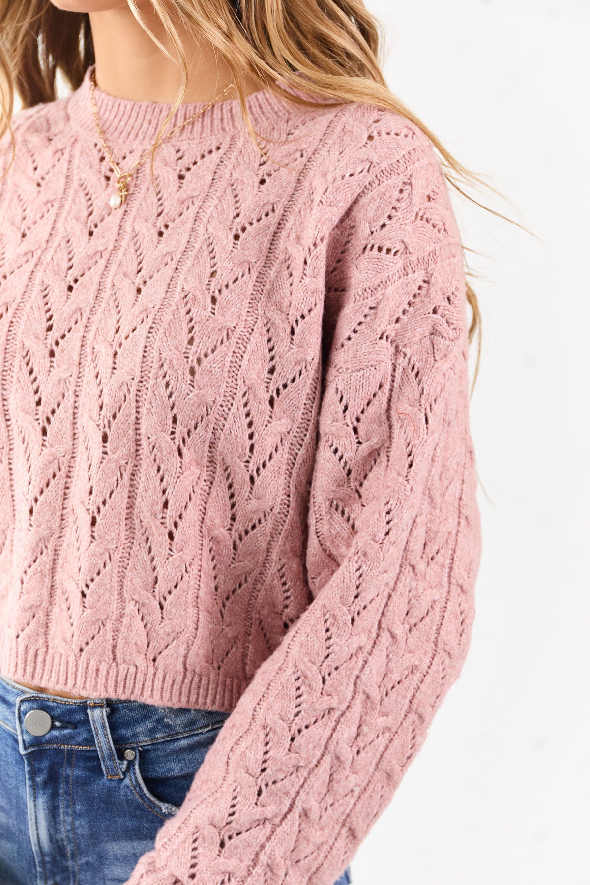 Dusty Rose Cable Knit Boxy Pointelle Sweater