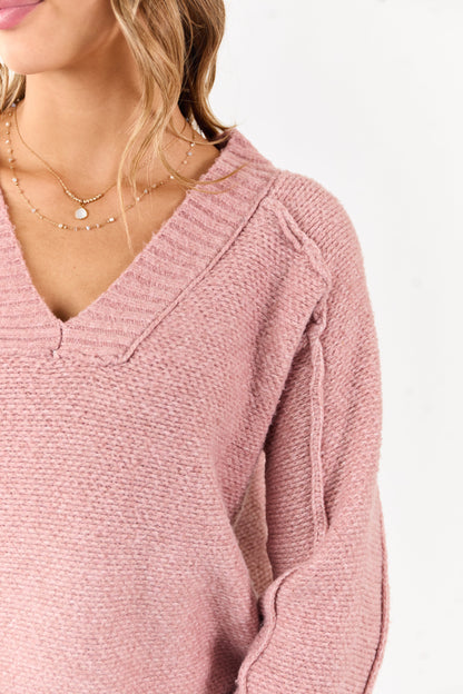 Dusty Rose V-Neck Ribbed Trim Relaxed Sweater