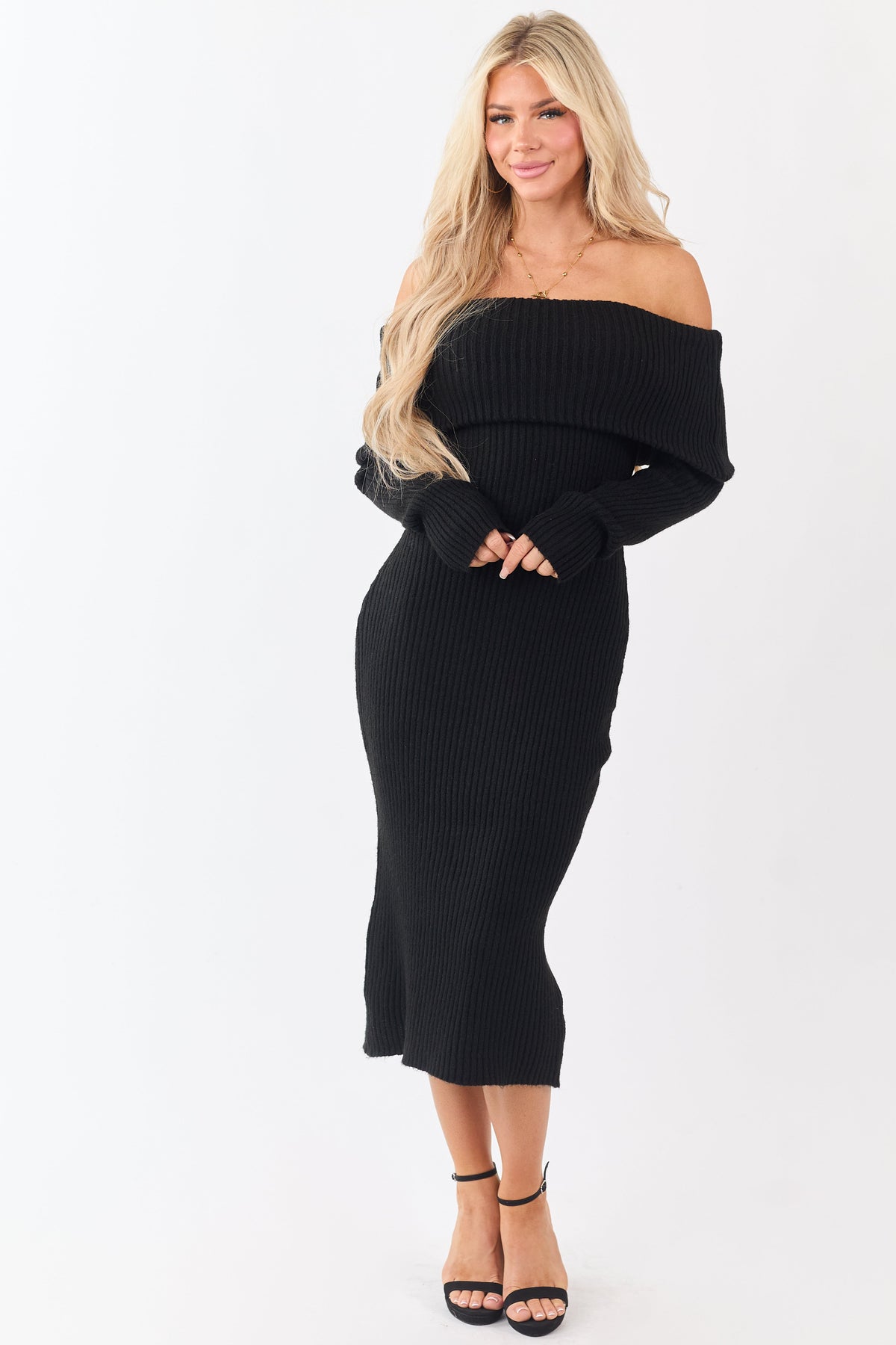 Entro Black Ribbed Knit Off Shoulder Midi Dress
