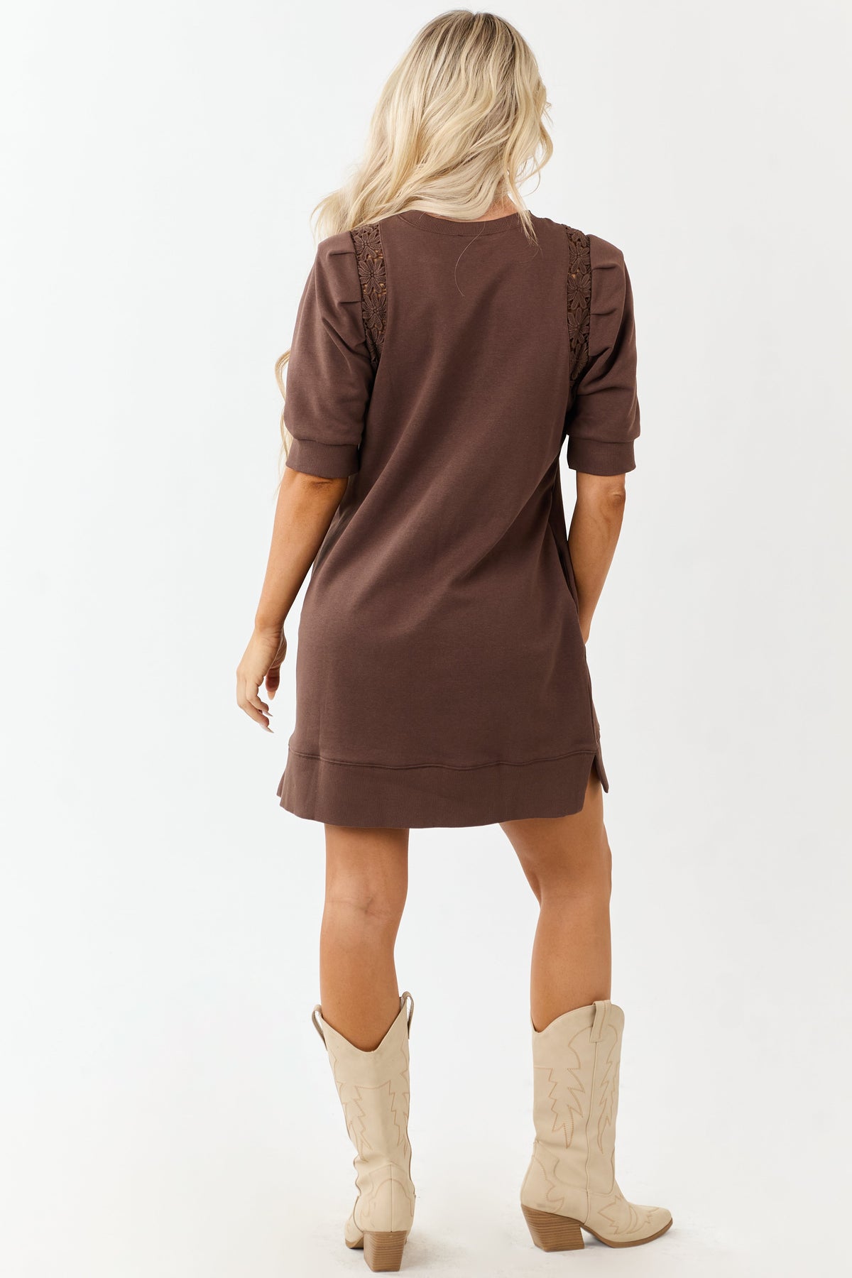Entro Cocoa Cotton Floral Lace Panel Mini Dress