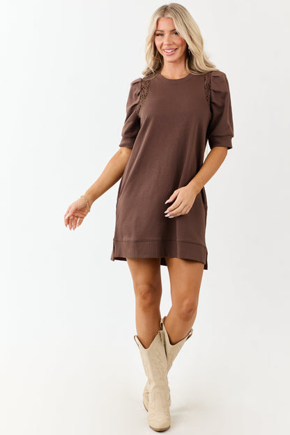 Entro Cocoa Cotton Floral Lace Panel Mini Dress