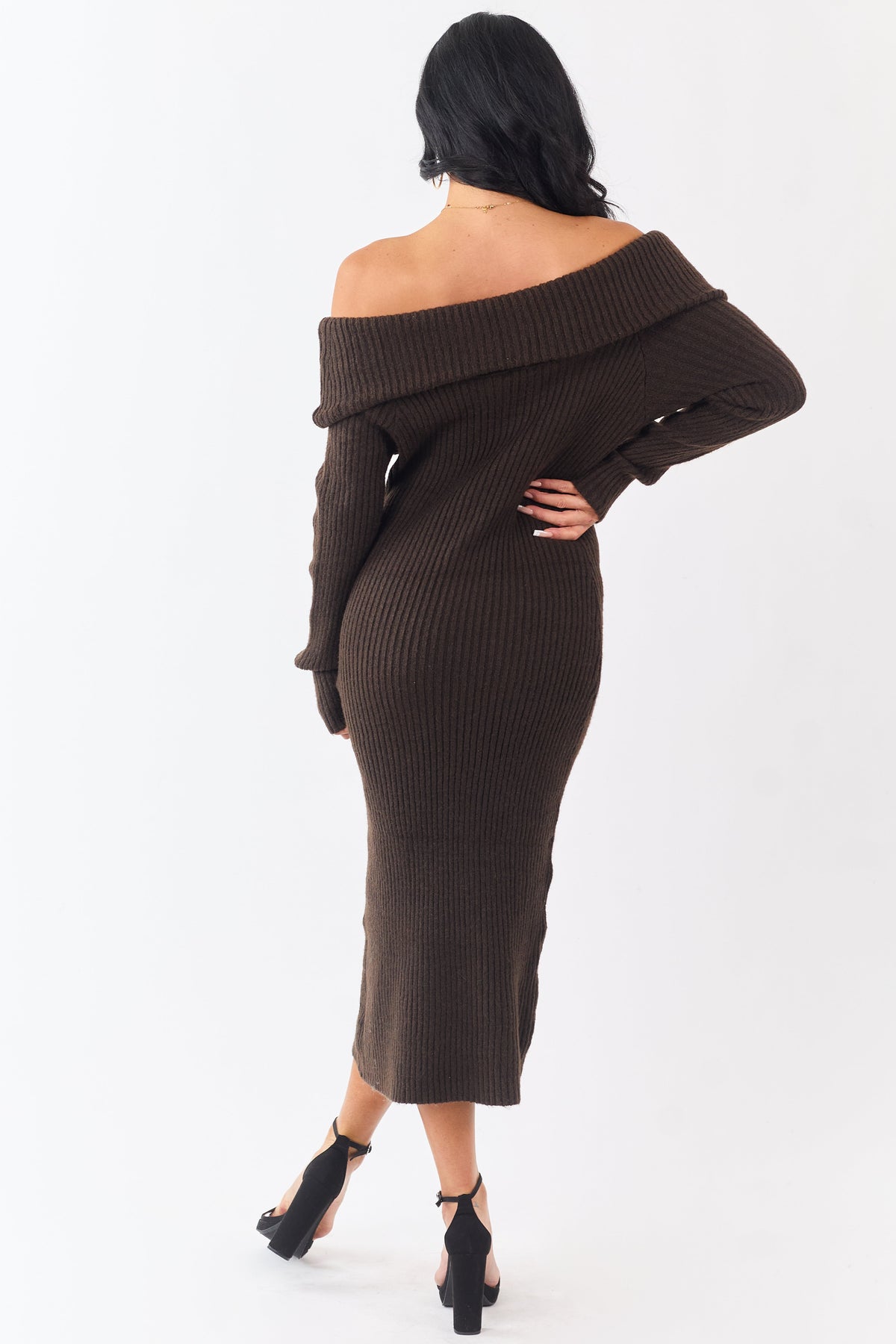 Entro Cocoa Ribbed Knit Off Shoulder Midi Dress