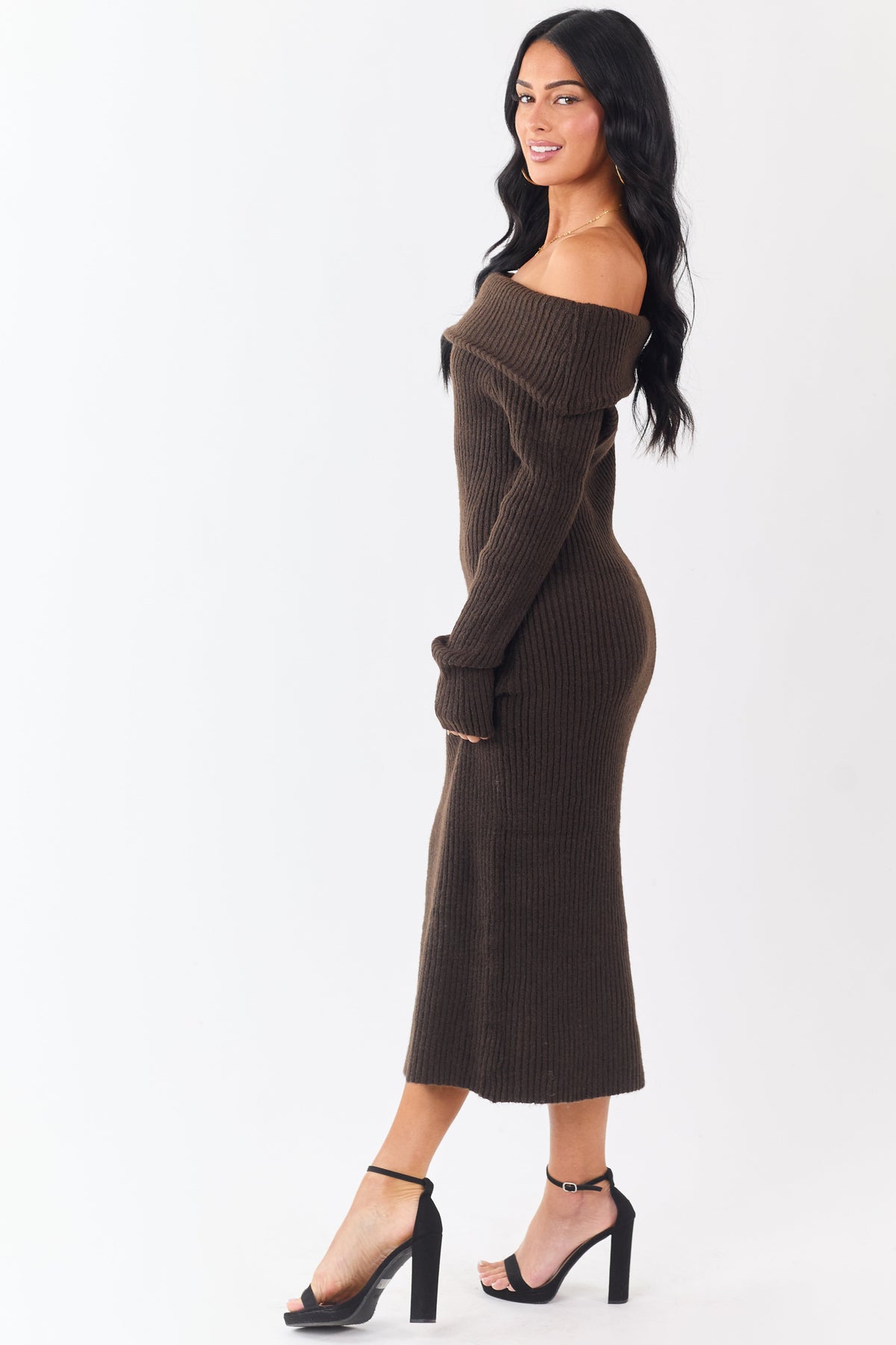 Entro Cocoa Ribbed Knit Off Shoulder Midi Dress