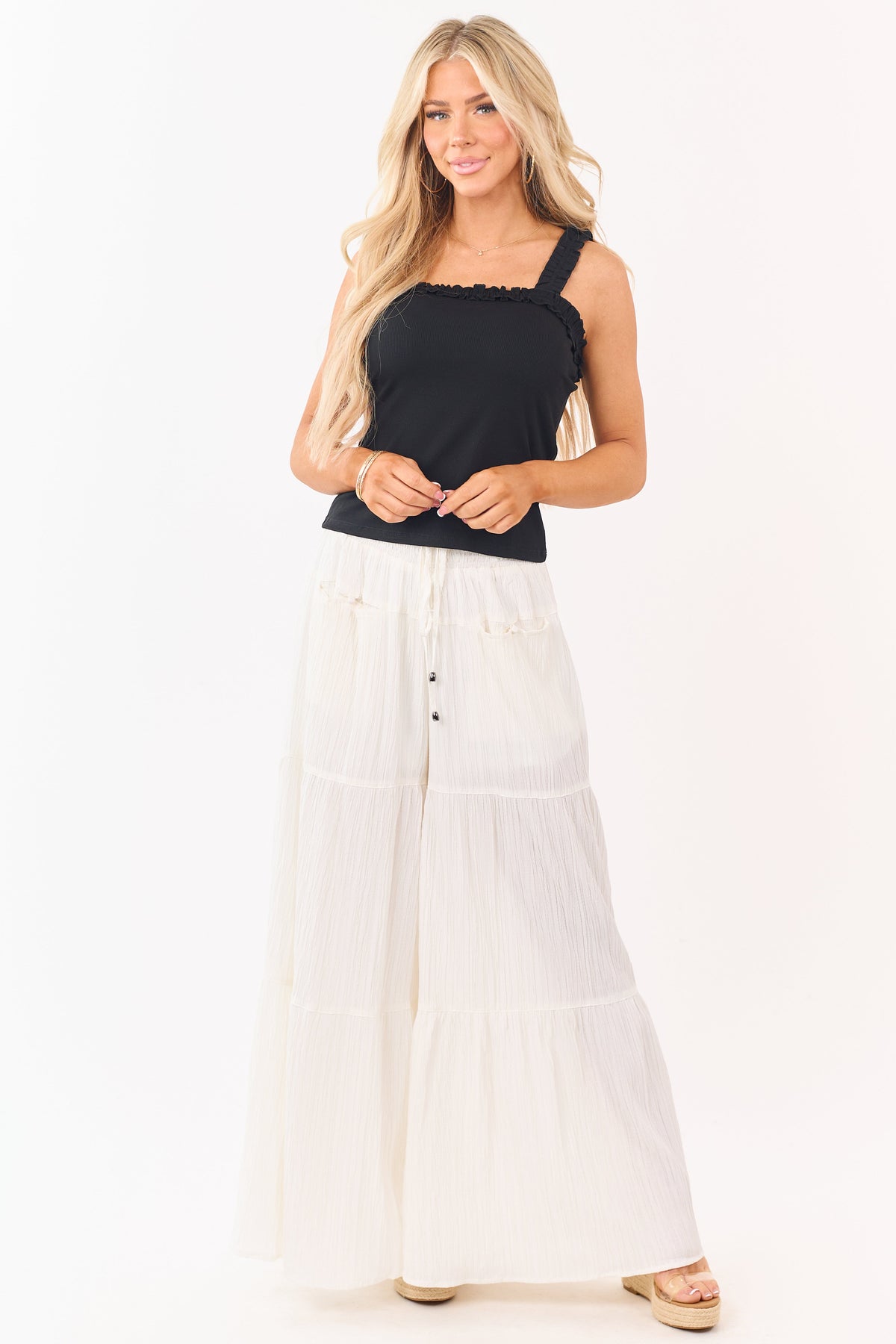 Entro Cream Smocked Drawstring Waist Palazzo Pants