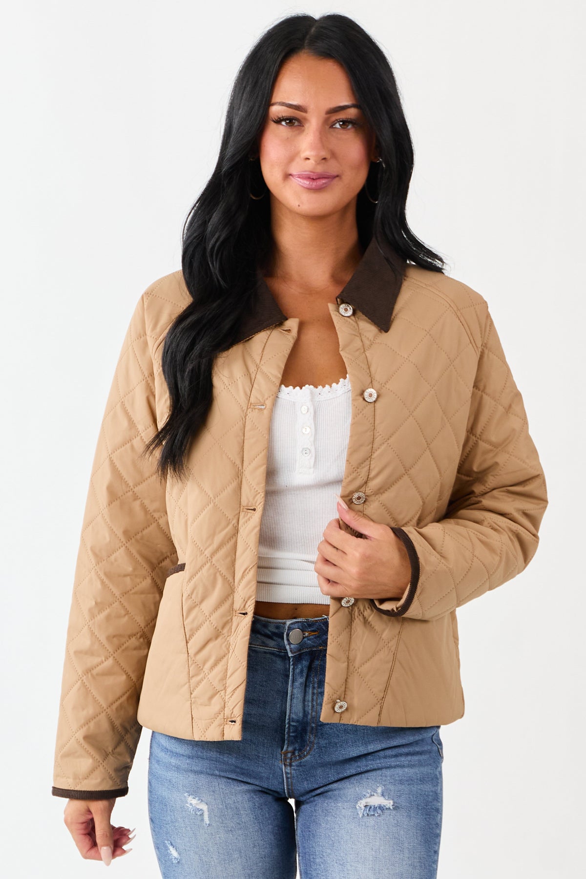 Entro Latte Quilted Corduroy Contrast Buttoned Jacket