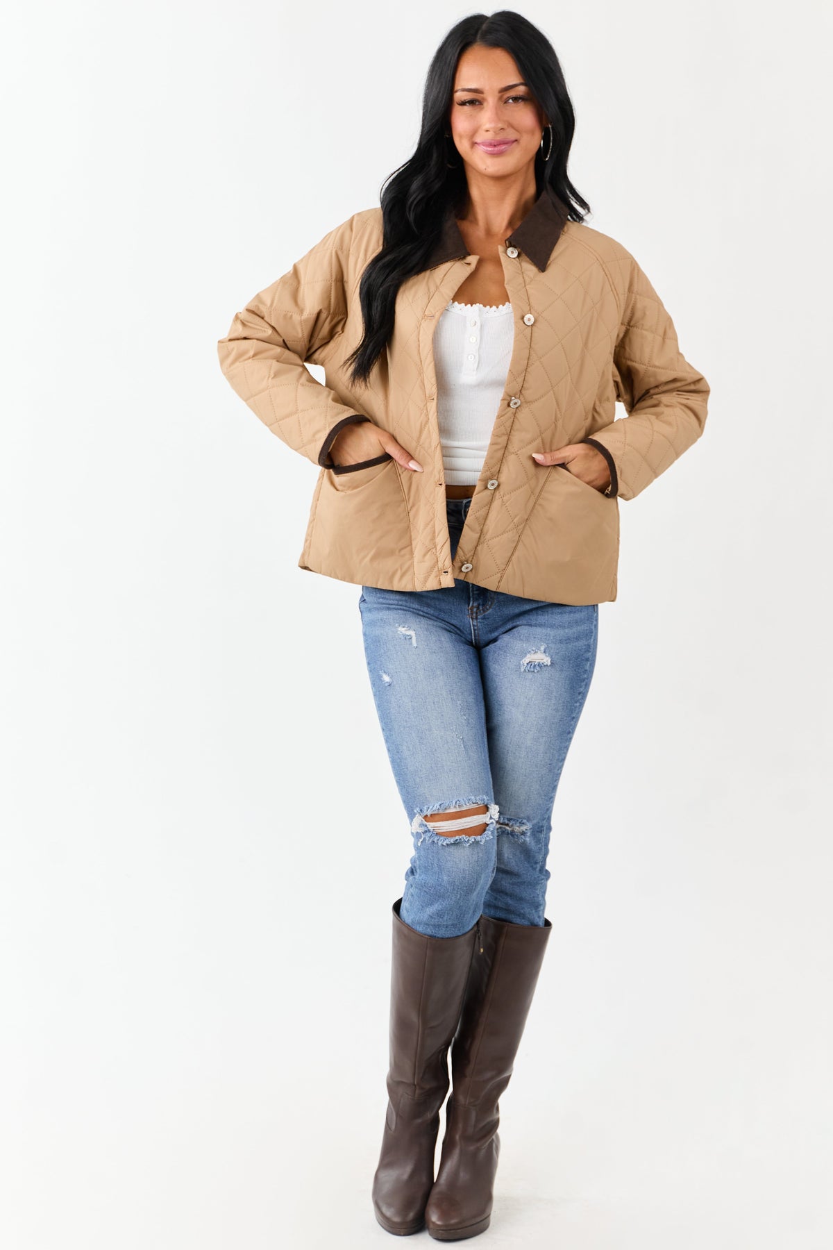 Entro Latte Quilted Corduroy Contrast Buttoned Jacket