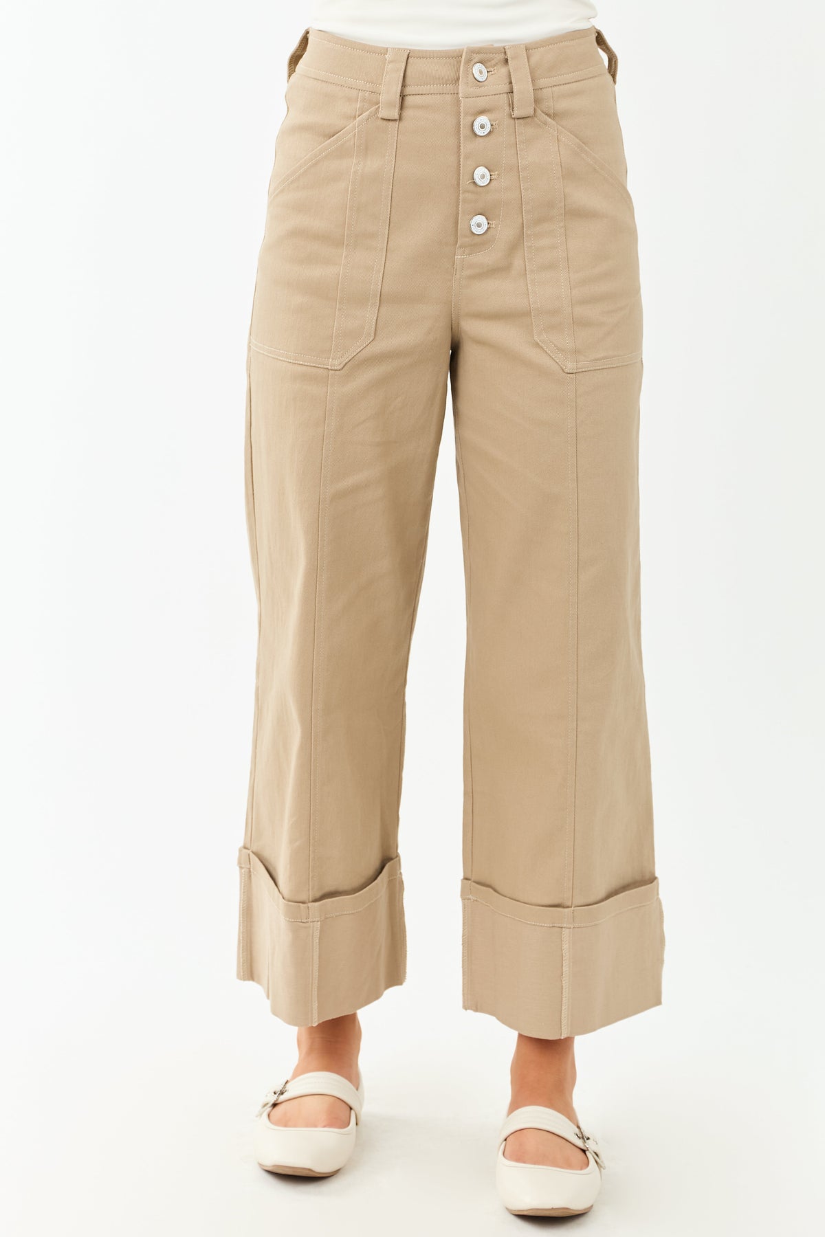 Entro Latte Wide Leg Cropped Cuffed High Waist Pants
