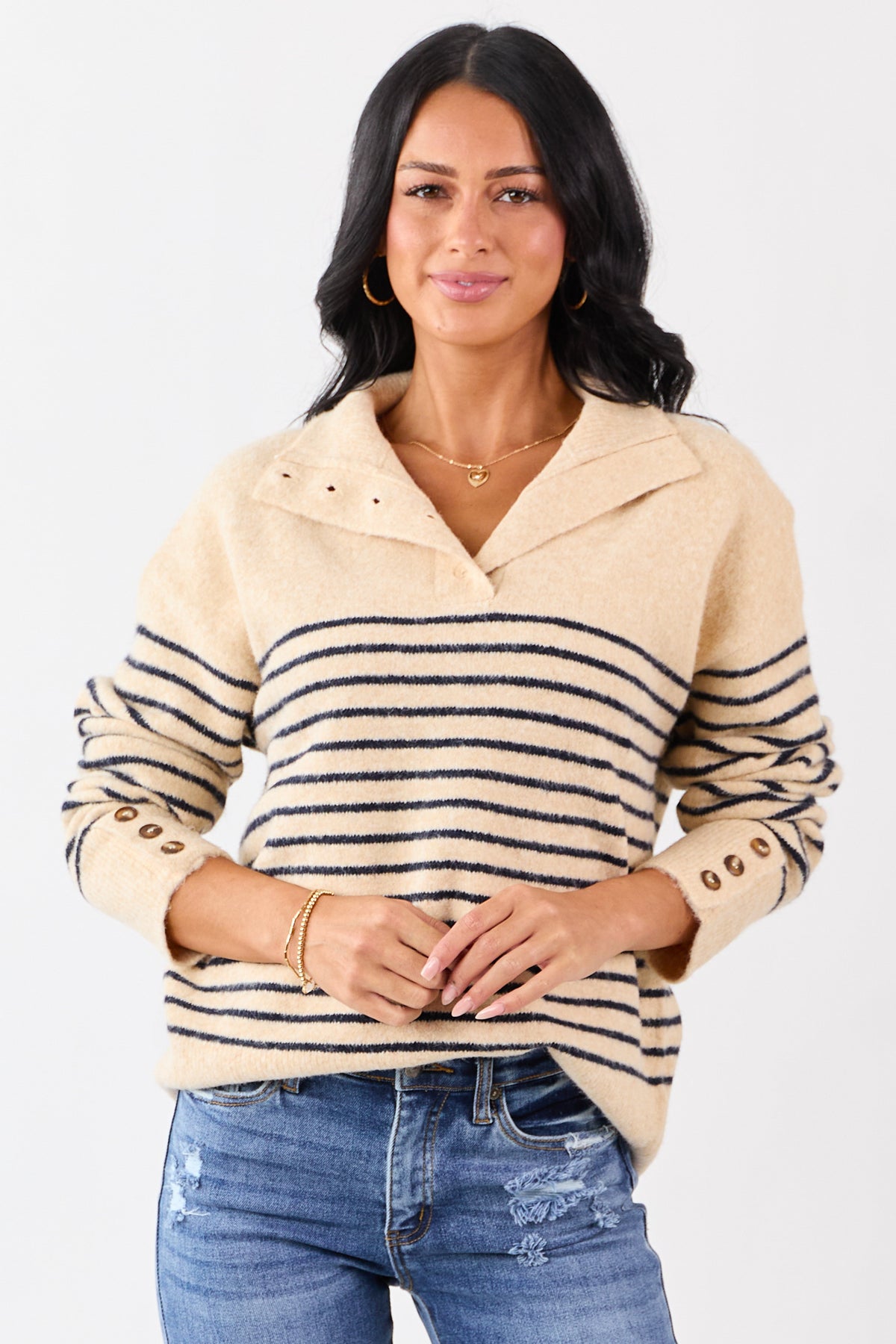 Entro Light Beige Striped Wool Blend Sweater