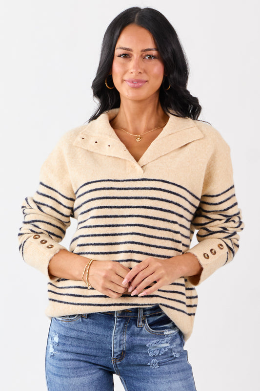 Entro Light Beige Striped Wool Blend Sweater