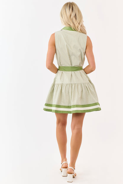 Entro Olive Striped Button Down Waist Tie Mini Dress
