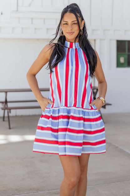 Entro Powder Blue Cotton Striped Mini Dress