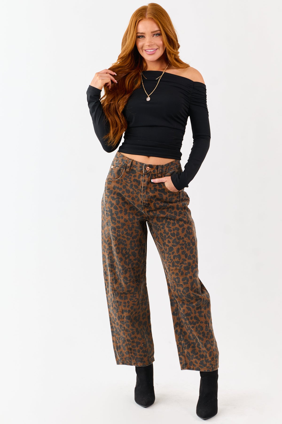 Entro Sepia Leopard Print High Rise Barrel Jeans
