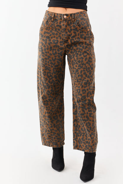 Entro Sepia Leopard Print High Rise Barrel Jeans