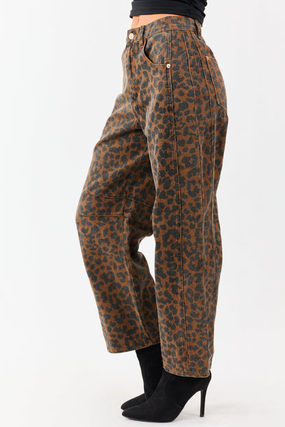 Entro Sepia Leopard Print High Rise Barrel Jeans