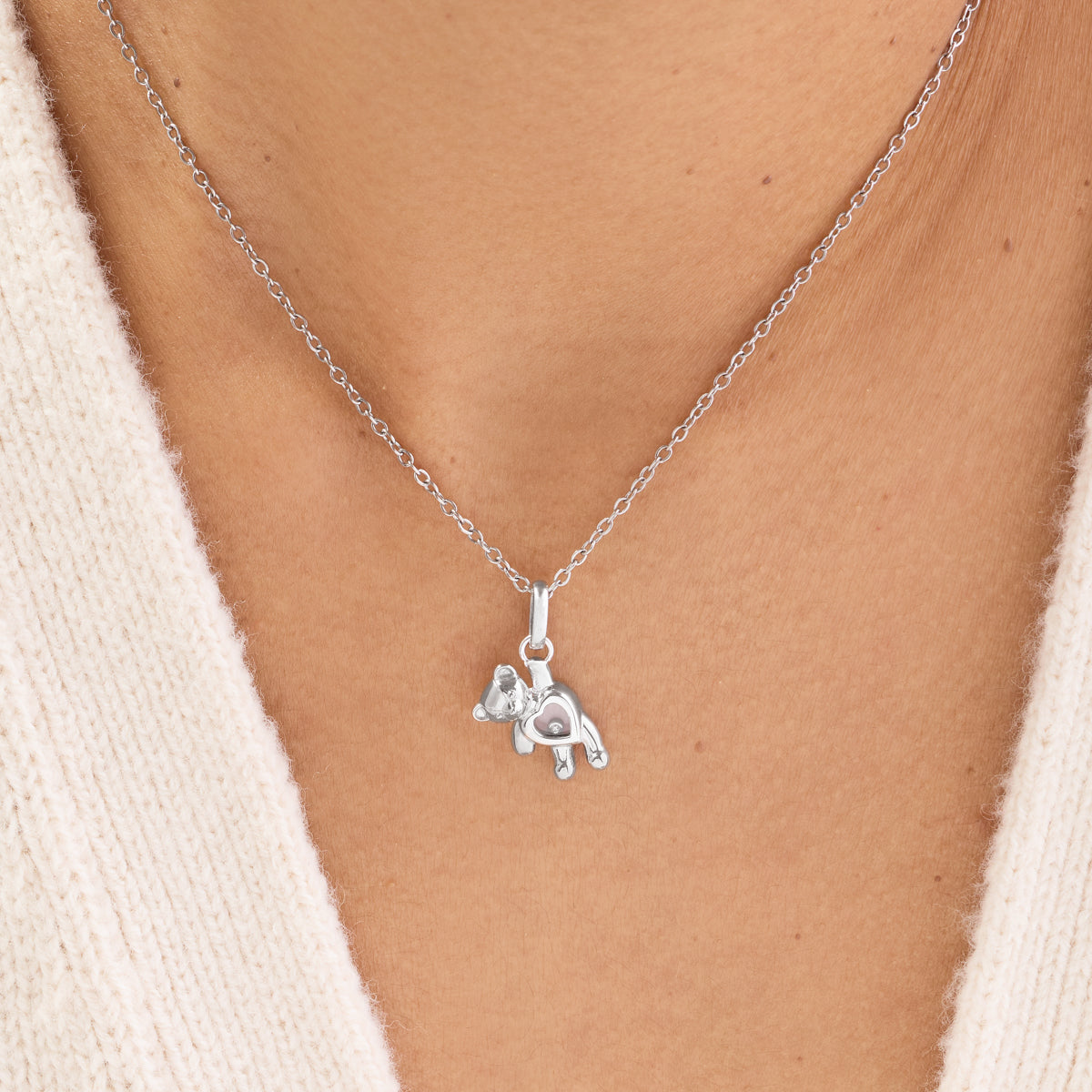 Floating Crystal Bear Necklace (Silver)